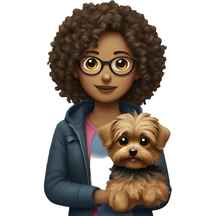 Curly haired girl with glasses holding a yorkie emoji