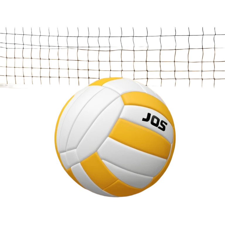 The background shows the stands filled with spectators, creating an energetic atmosphere of a volleyball match, with attention to detail on the equipment and the surrounding environment. A close-up of a volleyball on the court, with the net in focus and the court markings visible.  emoji