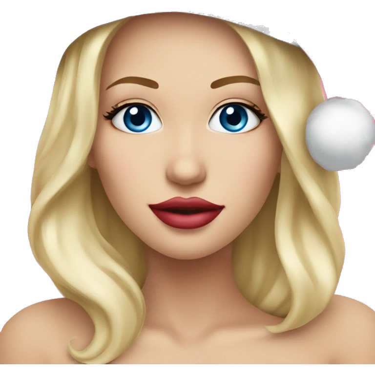 Beautiful blonde blue eyed woman, pink lips, wearing red santa hat emoji