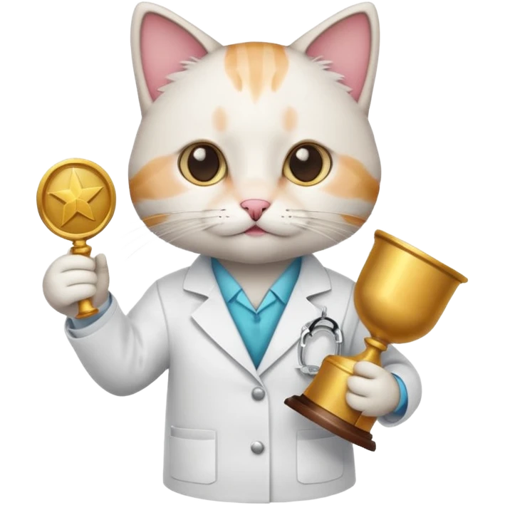 cat in a lab coat holding a research award emoji