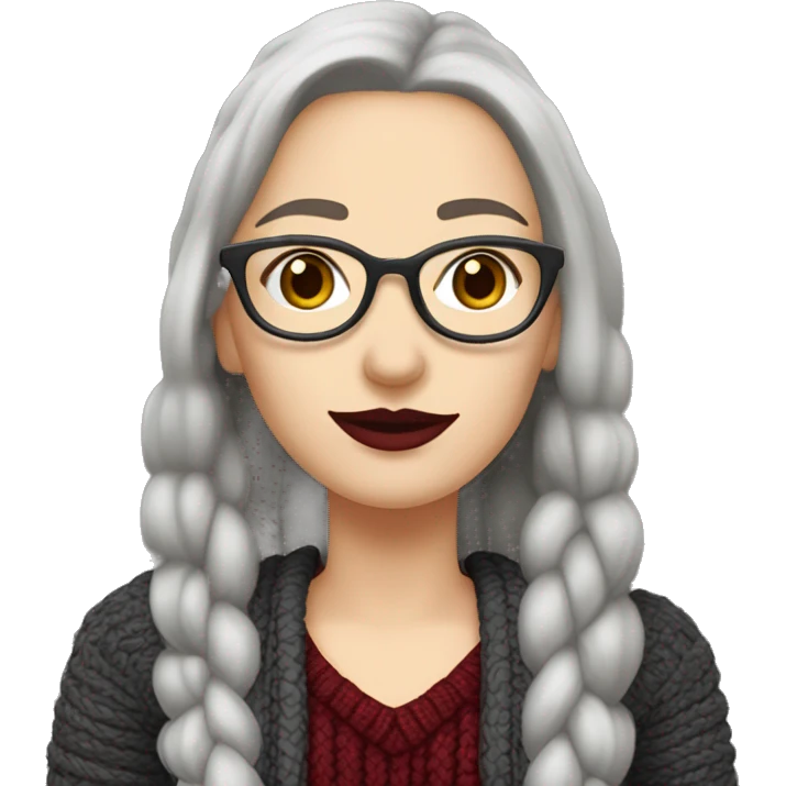 Attractive Caucasian woman with long straight grey hair worn in a braid, wearing wire frame glasses, dark red lipstick, and a sweater, she has a slightly upturned nose emoji
