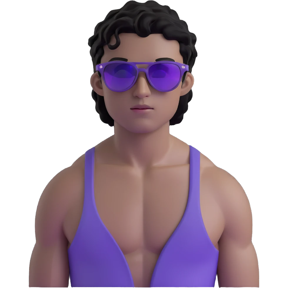 shirtless male athlete with white skin and moderately curly black hair on top with shaved sides, wearing purple sunglasses with black tinted lenses emoji
