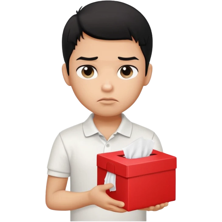 generate a pretty bratz boy with black hair, wearing a white polo shirt. Looking sad, holding a box of tissues emoji