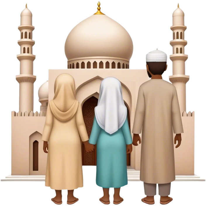 A view from behind of a family of four entering a simple mosque. emoji
