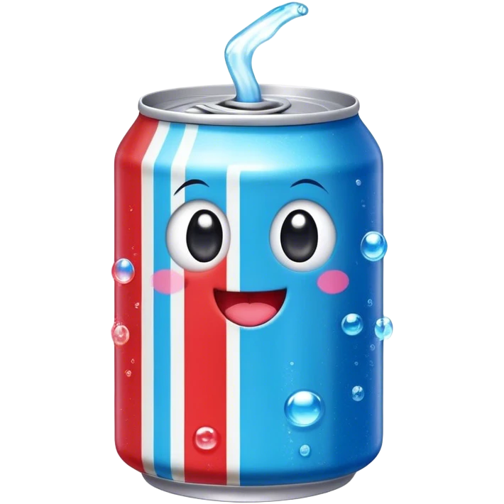 Cute Kawaii Soda Can, bubbly and vibrant, bright red and blue stripes, playful fizz popping around, a chubby happy face with wide sparkling eyes, energetic and refreshing! emoji