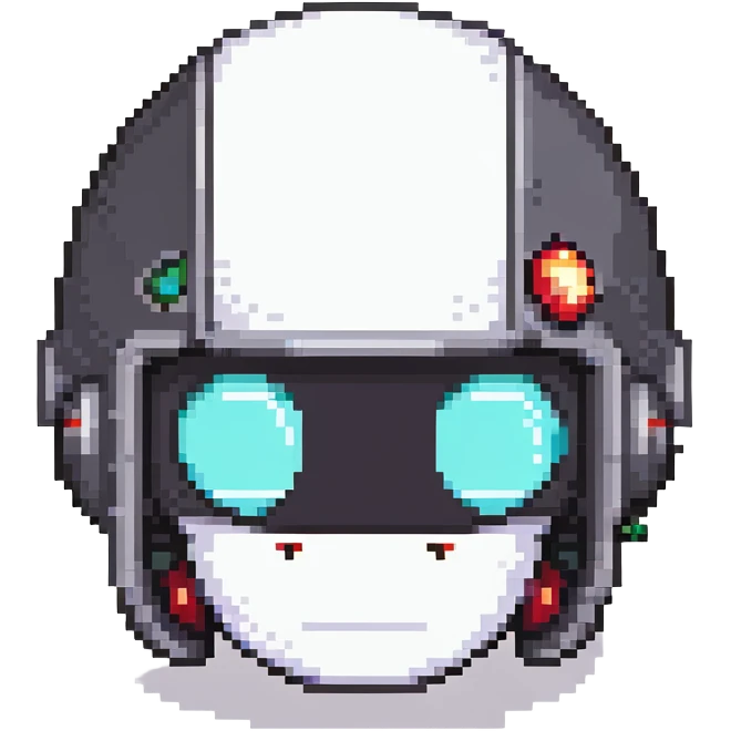 Black bomberman head only, sleek helmet with sharp antenna, cool white face, mysterious eyes, pixel art style emoji