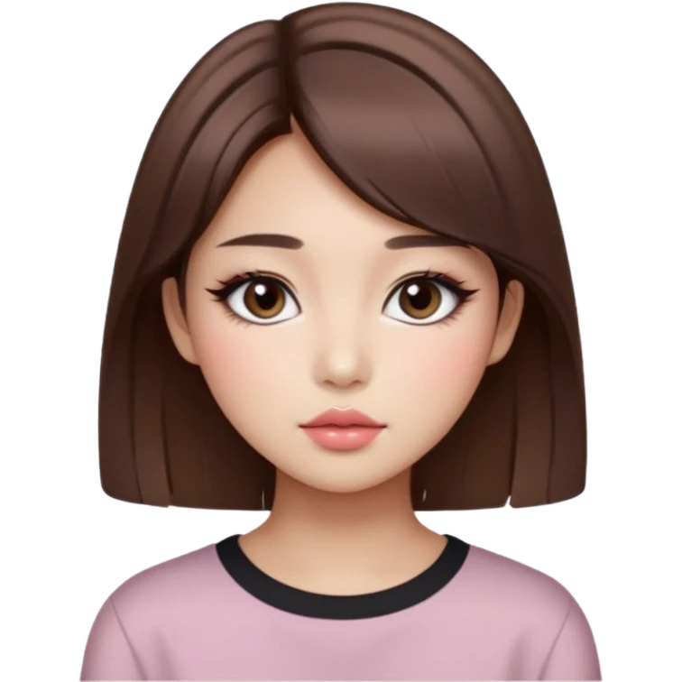 “korean straight brown hair Emoji girl, soft eyeliner and blush, gradient lips, light brown shimmer eyeshadow emoji