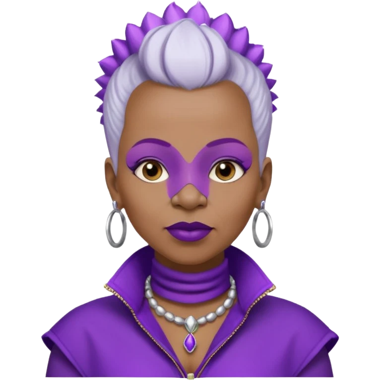 57yr old Qeen black woman with a white colored  natural hair mohawk style haircut adorning purple royalty clothing and purle lipstick, with a nose studs on each nostril  emoji