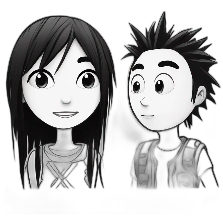 a dog and a girl with black spiky hair looking at each other in style of ((sarah andersen)), black and white,sarah andersen,cartoon,drawn,sketch emoji