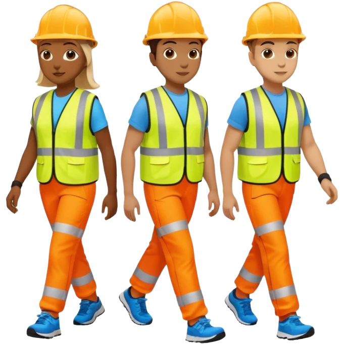 three diverse friends walking side by side, wearing high-visibility vests, no hard hats, trainers emoji