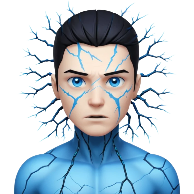 electric lab mutant portrait, head and shoulders only, glowing blue energy cracks on skin, wild hair, intense eyes, sci-fi lab accident vibe, 3D cartoon, mobile game icon style, clean background, no text, no watermark

 emoji