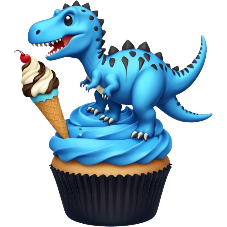 A cupcake having blue and black icing and a dinosaur as a decoration and ice cream next to it emoji