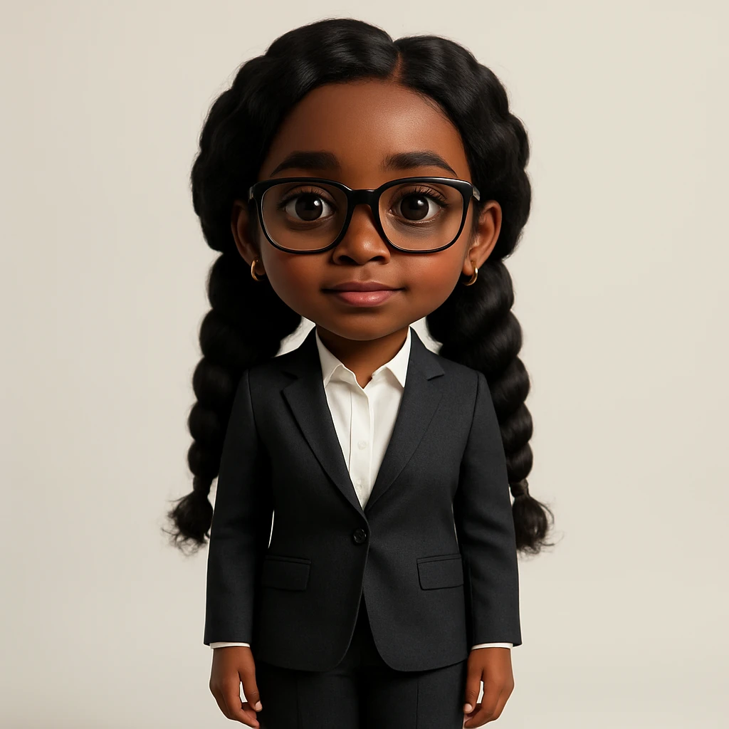 Add a business suit to Kemi Badenoch, full body, standing, in a realistic style. Keep the background as is. emoji