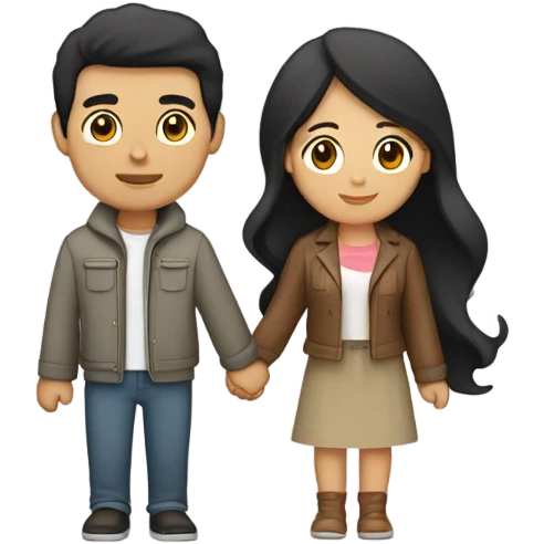 a couple holding hands. the guy has black middle part hair and is Persian and Filipino mix, wearing a jacket. the girl has brown hair white and asian mix, wearing a crop top. emoji