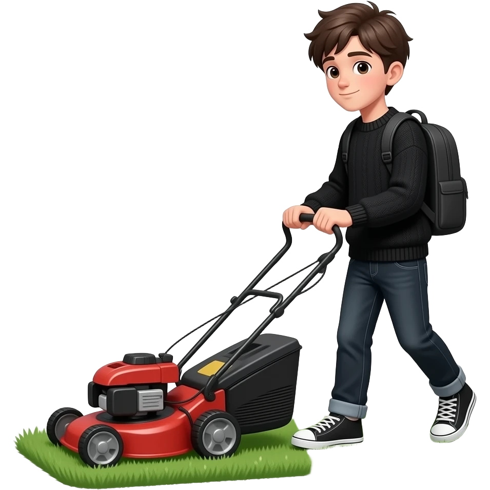 black loose-fitting jeans, black loose-fitting sweater, black backpack, Gen Z boy mowing the lawn with a lawn mower emoji
