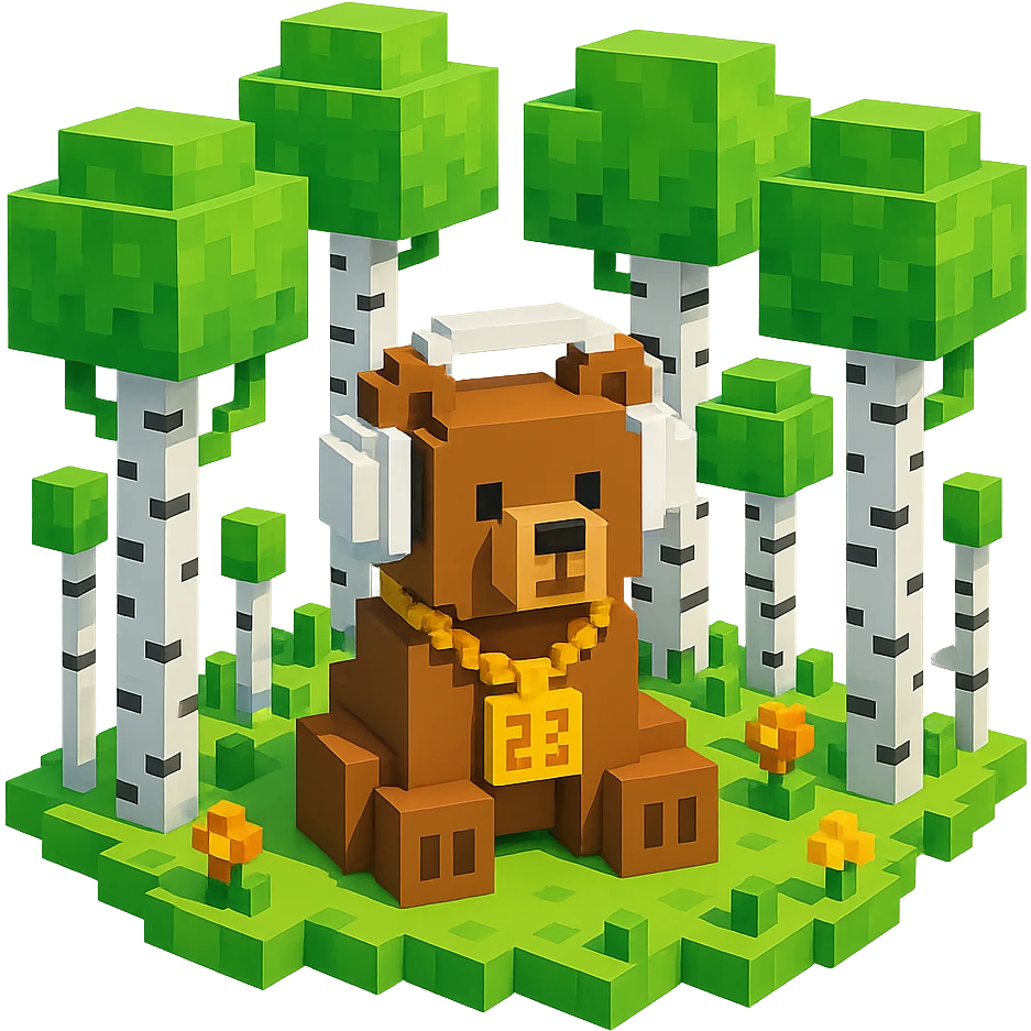 березовый лес, в котором сидит бурый медвежонок в белых наушниках (наушники должны закрывать уши медведя), на медведе цепь с подвеской "23", no background  emoji