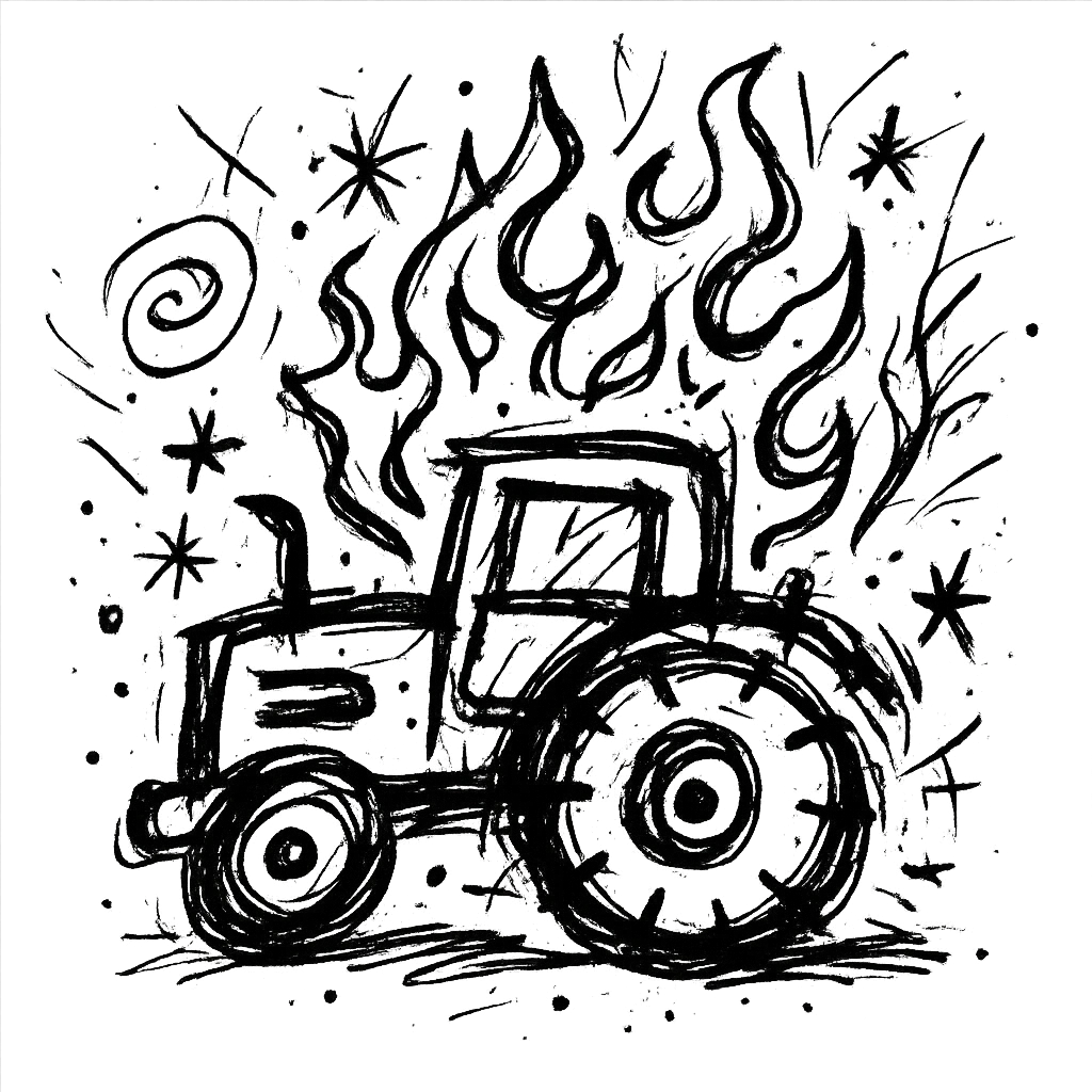 A tractor on fire, icon style, black and white, chaotic emoji