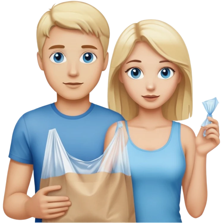 Blonde guy with blue eyes and blonde girl with brown eyes holding a plastic bag emoji
