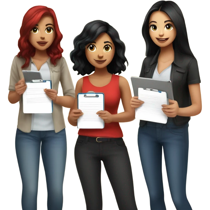 Latina with jet black hair, brunette girl, and a girl with bright red hair all conducting surveys on clipboards and ipads emoji