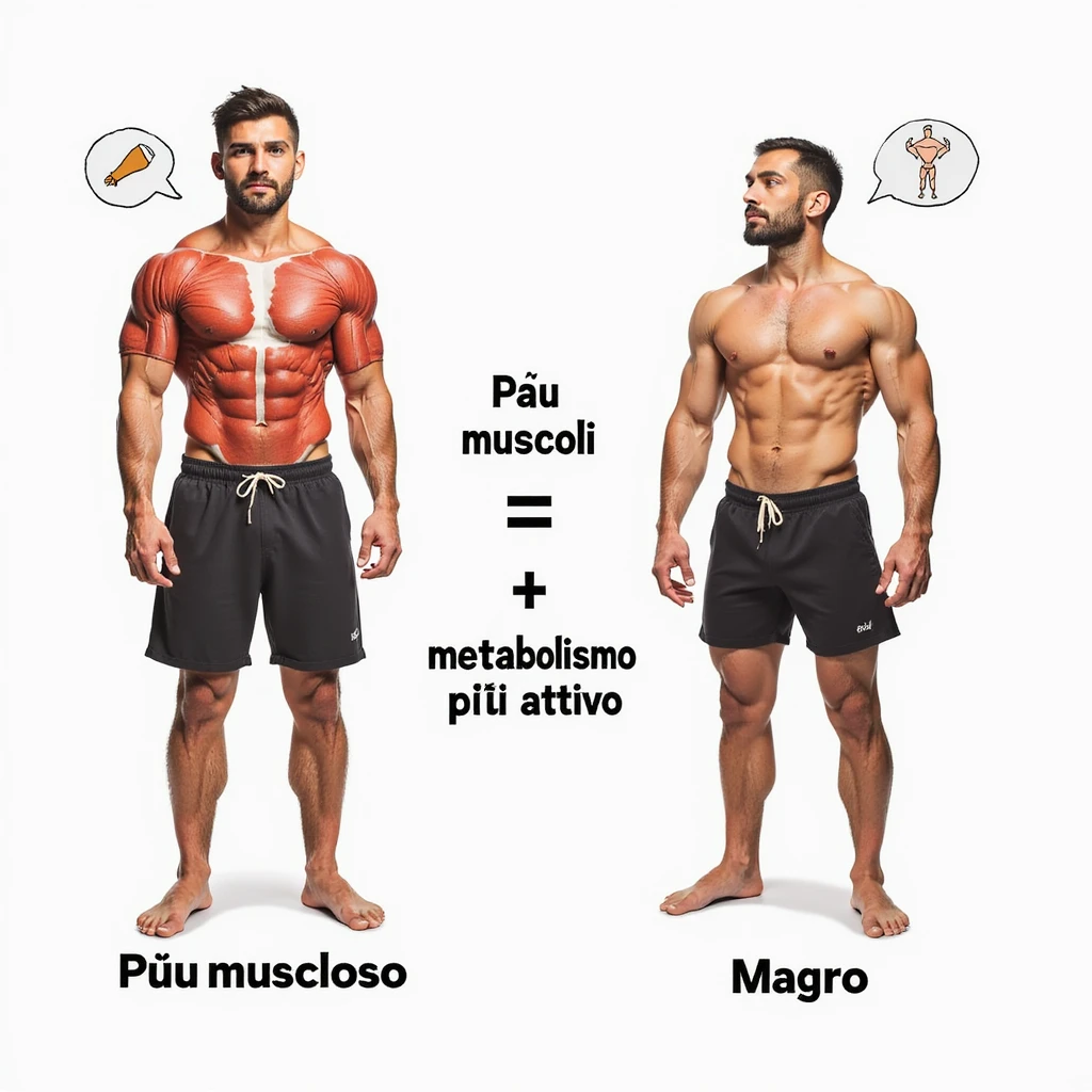 Schema didattico realistico: confronto tra corpo muscoloso e corpo magro, con frecce e icone che spiegano “Più muscoli = metabolismo più attivo”, testo in italiano. Stile iperrealistico. emoji