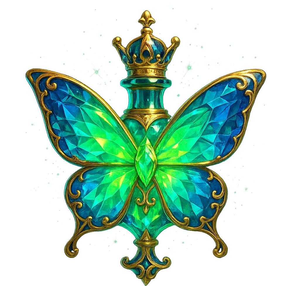 luxurious crystal butterfly-shaped bottle with short neck and crown, green (#c0ff53) and blue colors, more glowing, ornaments, decorations, magical effects, golden details, premium class, transparent background, beautiful connected bottom, bottle clearly floating in air, no base or shadow, very similar to original emoji