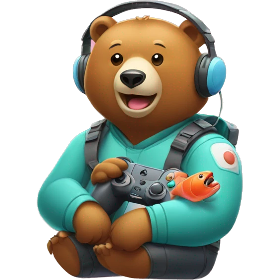 Bear wearing headset playing video game about catching salmon emoji