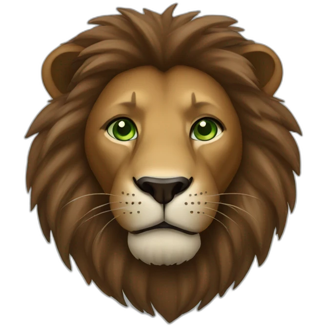 brown lion with a dark brown mane and green eyes emoji