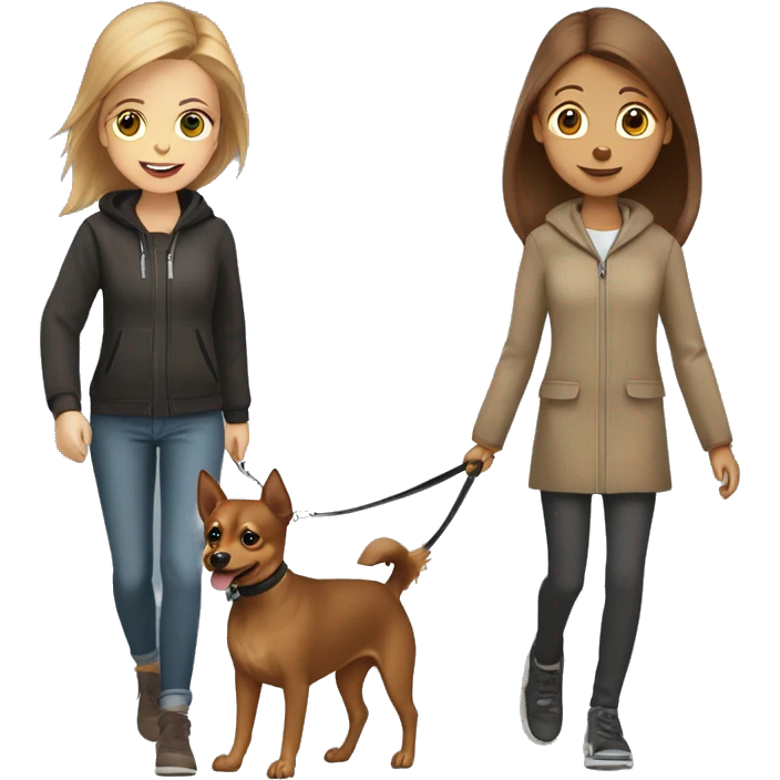 A light brown haired girl, walking a miniature Pinscher and a big light brown Spitz on the lead emoji