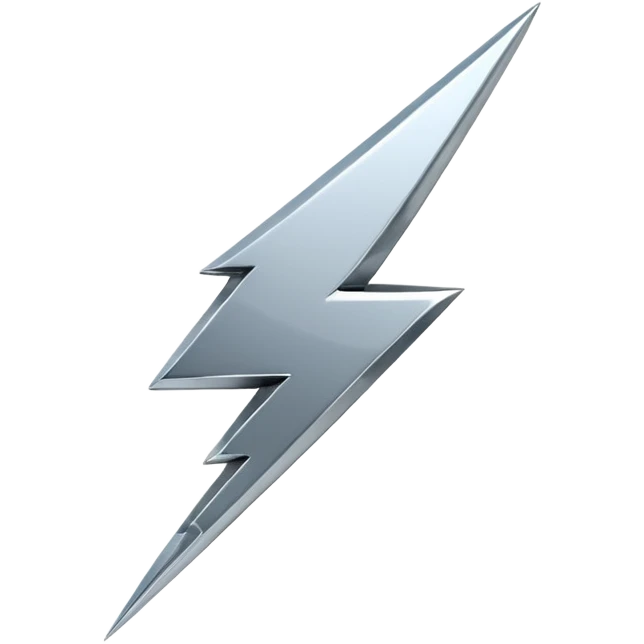 A lightning bolt emoji made of polished silver chrome, sharp yet rounded edges, glossy metallic surface, soft reflections, minimal futuristic design, iOS emoji style, centered, clean white background emoji