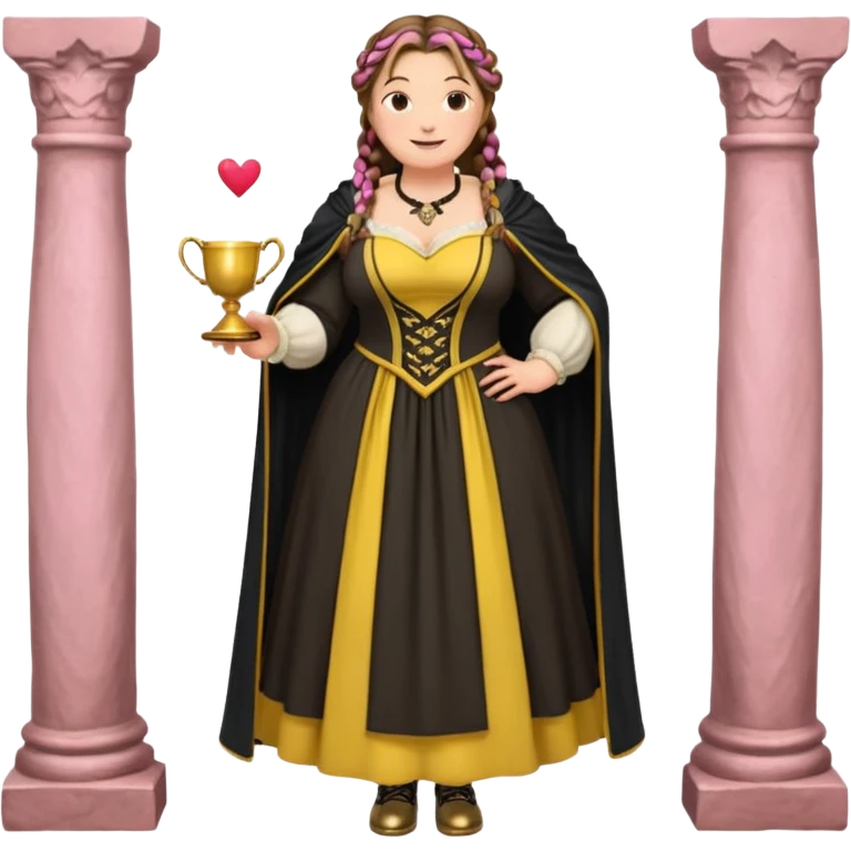 Helga Hufflepuff,brown-haired,2 braids,yellow-black medieval open dress,deep neckline,fat macromastia,black cloak decorated with gold braiding,gold cup with two handles,very kind smile,curvy busty,round rosy cheeks,full length with medieval shoes, inscription in pink heart says:"I love HELGA" emoji