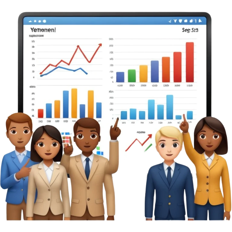 group of people pointing at a digital presentation screnn full of charts and graphs emoji