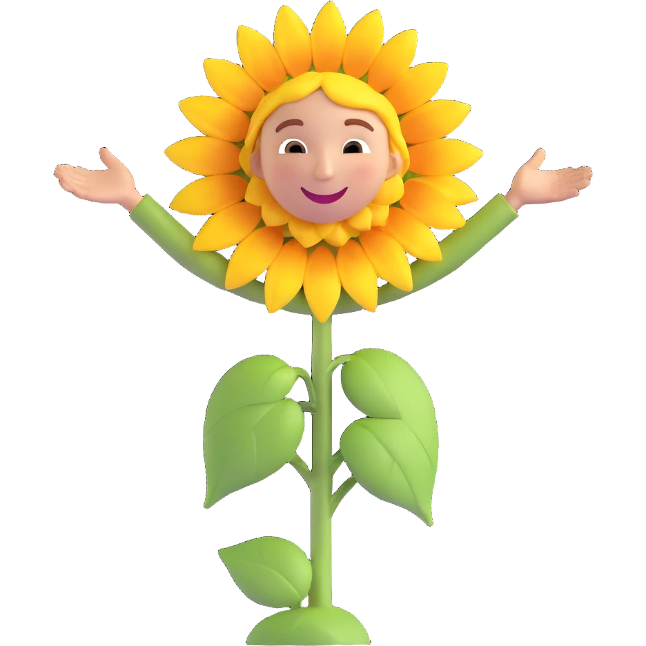 Big smile with open arms and sunflower petals as hair emoji