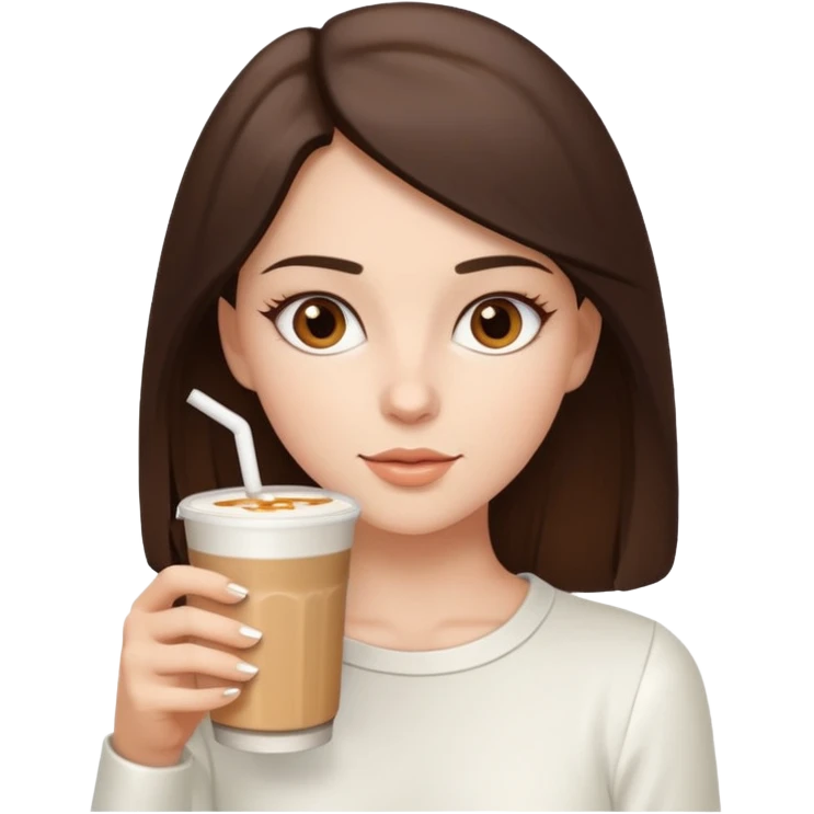 white brunette with brown eyes and a white outfit, drinking a caramel machiatto emoji