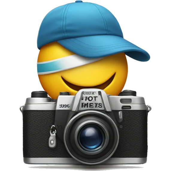 Camera with feet and happy retro cap running emoji