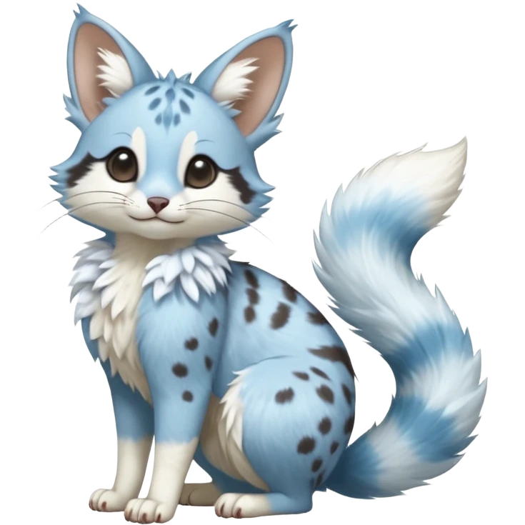 Hyper realistic  soft sky-milk blue fur patched with fluffy snow-white cloud blooms beautiful elegant pretty precious cute  Fakémon-Pokémon-opossum-feline-serval-caracal-chinchilla-Furret-Minccino-hybrid-creature with a big fluffy bushy tail (full body) emoji