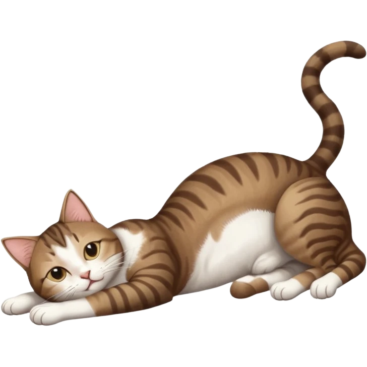 dark brown tabby and white cat with doing a big extremely long stretch reaching up into the air with arms and legs side by side together straight and overextended whilst lying on its side emoji