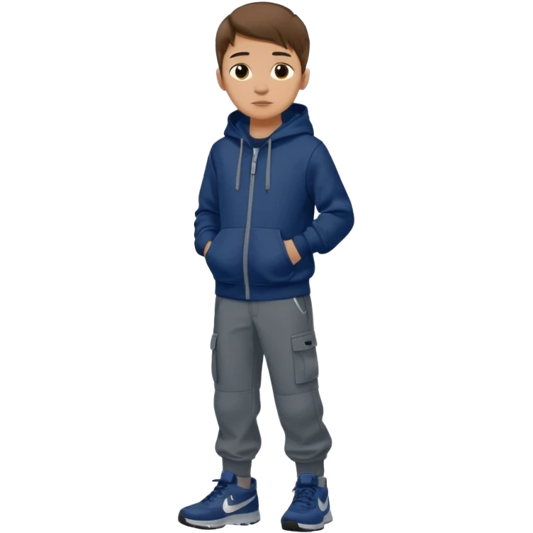 boy with brown hair light skin dark blue hoodie black cargo pants grey nike shoes emoji