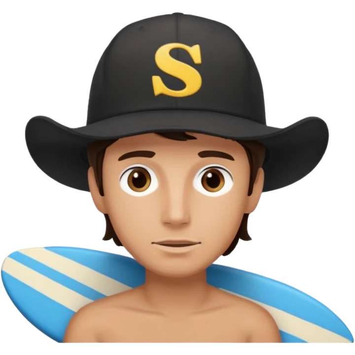 Male brunette movie producer black baseball hat with surfing cowboys written on hat  emoji
