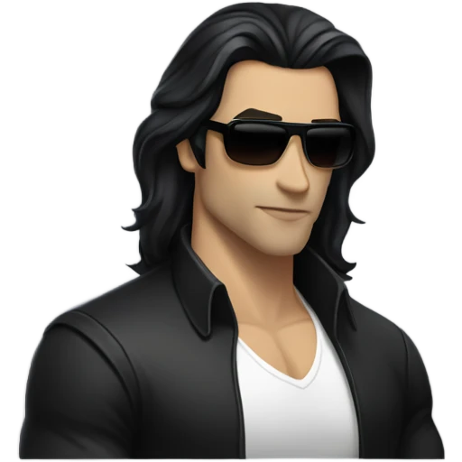 Man with long black hair, masculine face, fine lips, black sunglasses, lather jacket, underneath black t-shirt, muscles, vampire  emoji