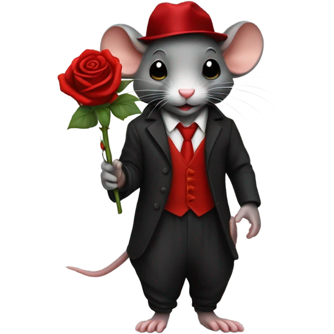 un rat noir avec une rose rouge sur le costume emoji