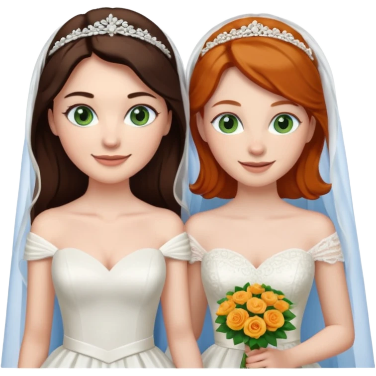 A tall, pale woman with very dark brown hair and green eyes marrying a shorter ginger woman with blue eyes, both in wedding dresses. emoji
