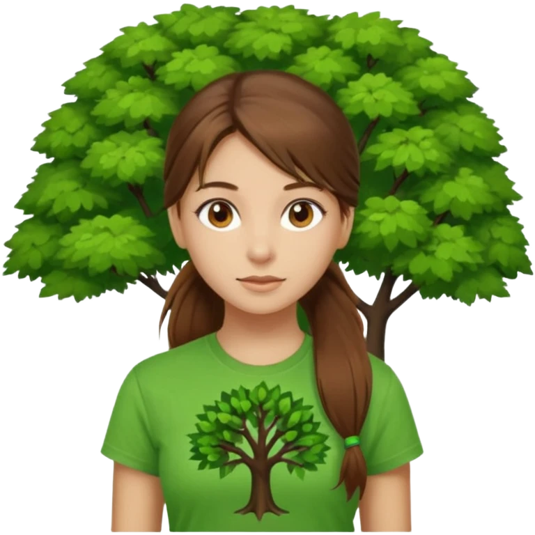 Make a zumba coach emoji, brown eyes, brown hair girl, long ponytail,green t shirt with a tree logo on It emoji