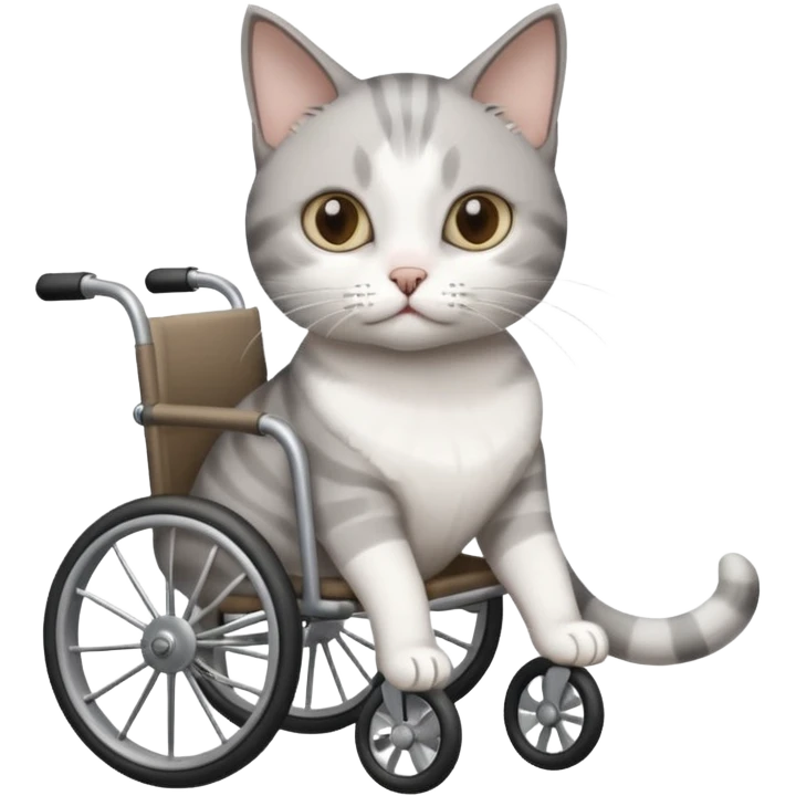 disabled grey and white cat using cat wheelchair emoji