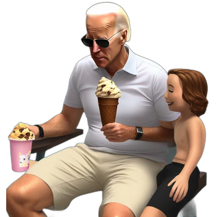 Joe Biden eating chocolate chocolate chip icecream with kids at his legs. Public pool emoji
