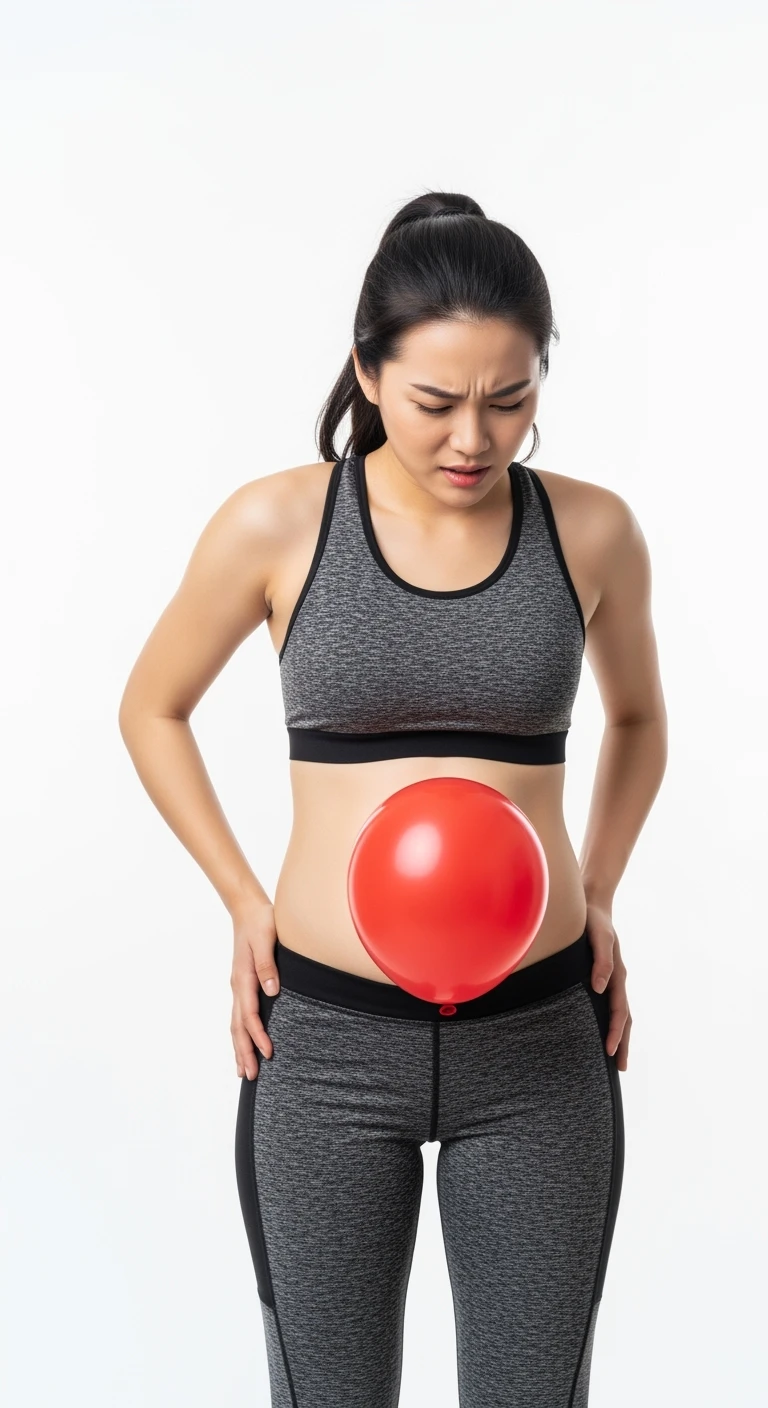 DONNA FITNESS CON PANCIA GONFIA, PALLONCINO ROSSO SULLA PANCIA ED ESPRESSIONE DI DOLORE IN VOLTO, iperrealistico 4k, ISOLATA SU SFONDO BIANCO emoji