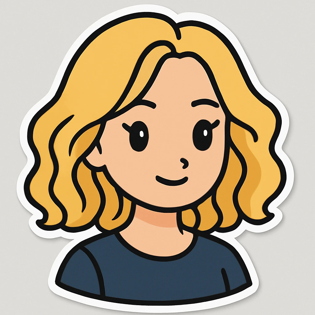 Change the hair to wavy blonde in a cartoonish sticker style. The style should resemble cartoonish stickers with a bold and simple look. emoji
