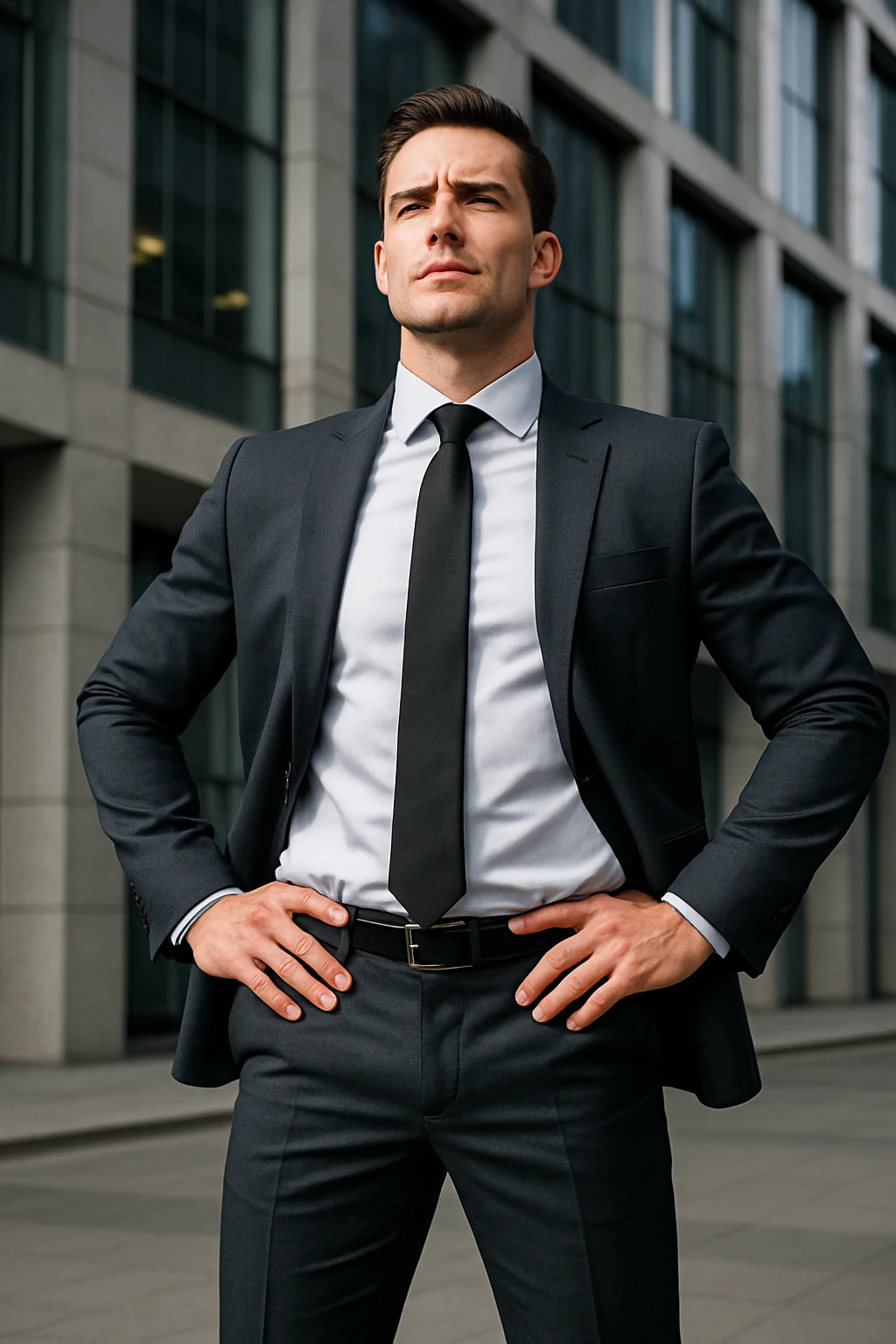 a dominant man standing tall in business attire with a powerful stance emoji