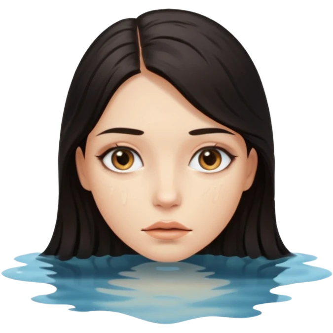 Woman submerged in black water, wet skin and eyes above surface, silent invitation emoji