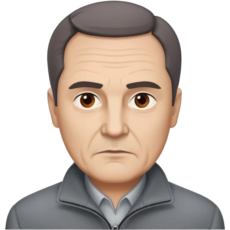 Actor in his 60s with light skin, round face, broad cheekbones. Expressive dark brown eyes, slightly arched thick eyebrows. Short brown hair combed to the side with visible receding hairline. Serious expression. Wearing a professional gray jacket. emoji