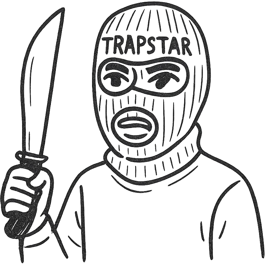 Black person with English appearance wearing a Trapstar balaclava, holding a black machete knife emoji